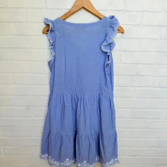 LOFT Women's Light Blue 100% Cotton Flutter Scalloped Sleeve Dress -sz S - Picture 2 of 5